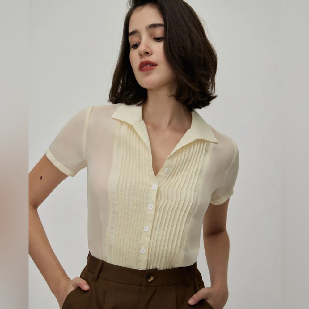 NWT RIHOAS The Beige V Neck Pleated Chiffon Blouse